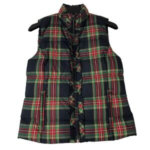 Talbots Puffer Vest Women's Small Petite Plaid Red Navy Green Jacket Coat Ruffle